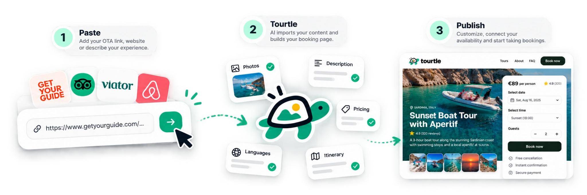 Paste your listing, let Tourtle organize it, publish your booking page